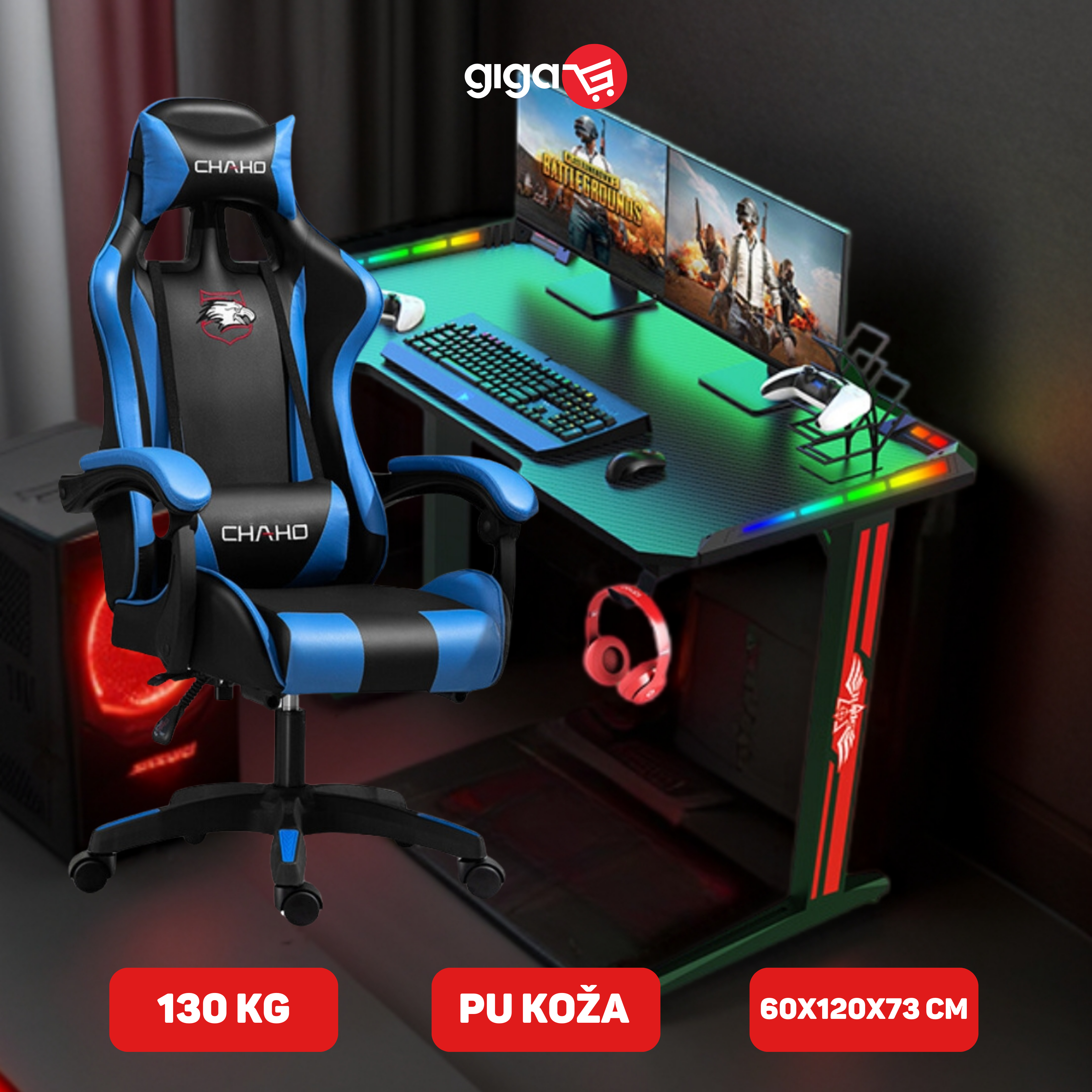 MASAŽNA CHAHO STOLICA PLAVA + RGB GAMING STOL T2-1200