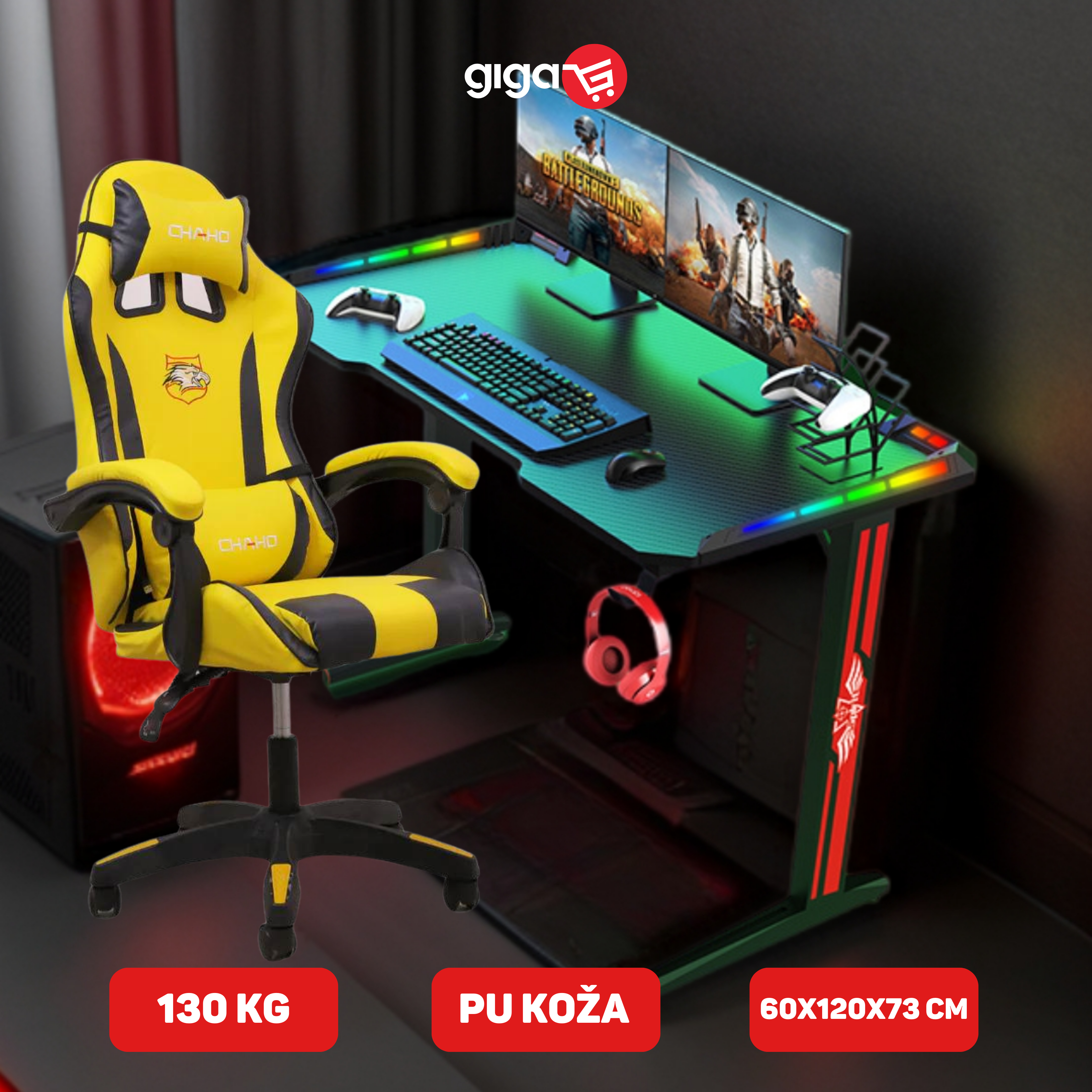 MASAŽNA CHAHO STOLICA ŽUTA + RGB GAMING STOL T2-1200