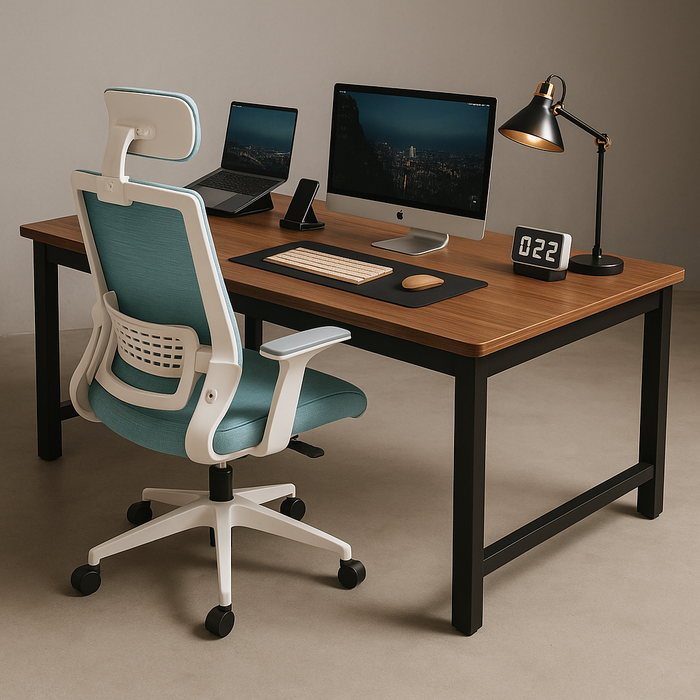 SET EOS KANCELARIJSKI RADNI STOL CRNI + COMFORT ergonomska stolica YT-588 BIJELA-PLAVA