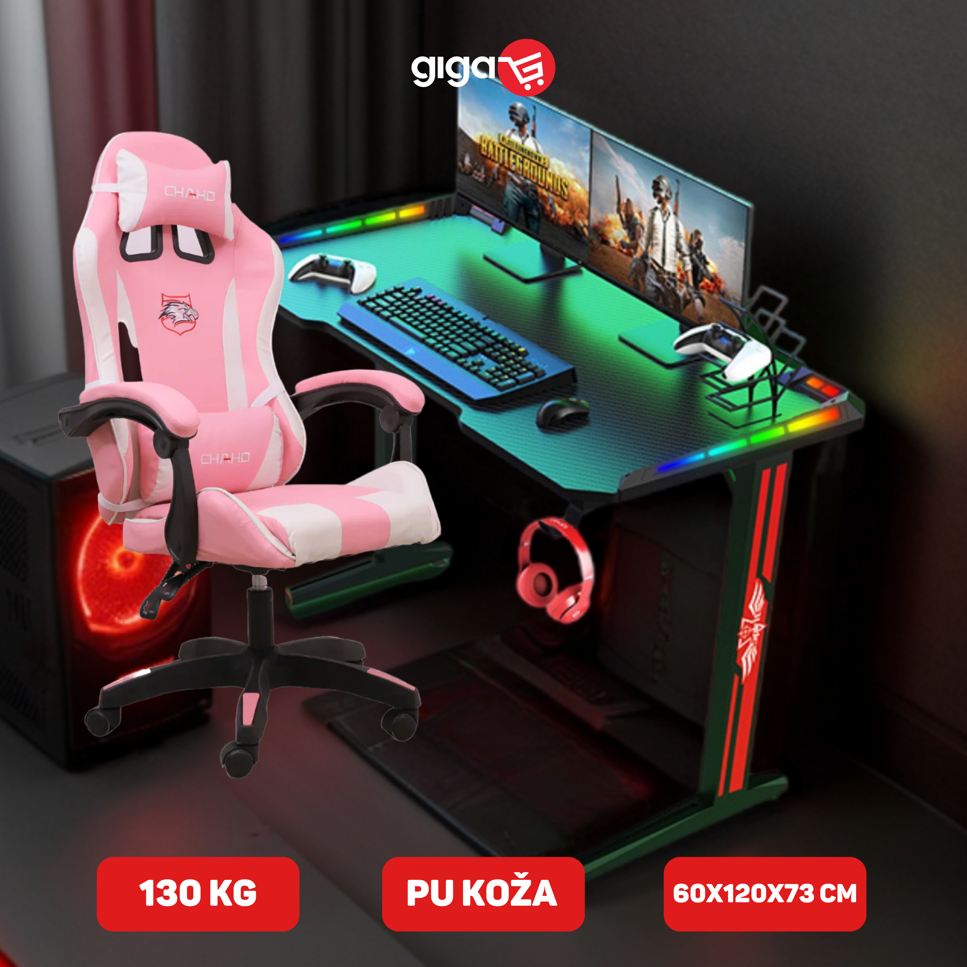 MASAŽNA CHAHO STOLICA ROZA + RGB GAMING STOL T2-1200