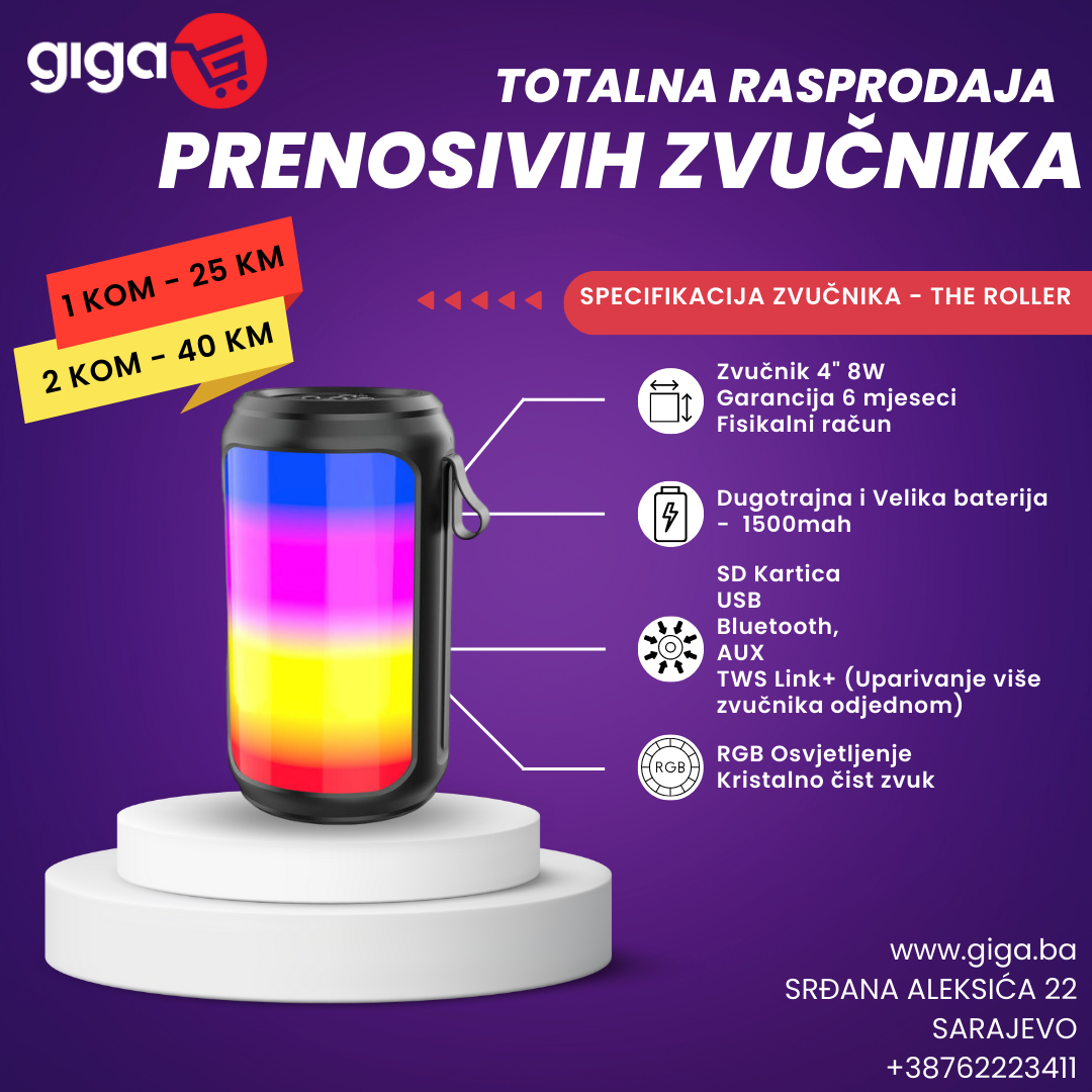 Bluetooth RGB zvučnik Roler prenosni 1500mAh