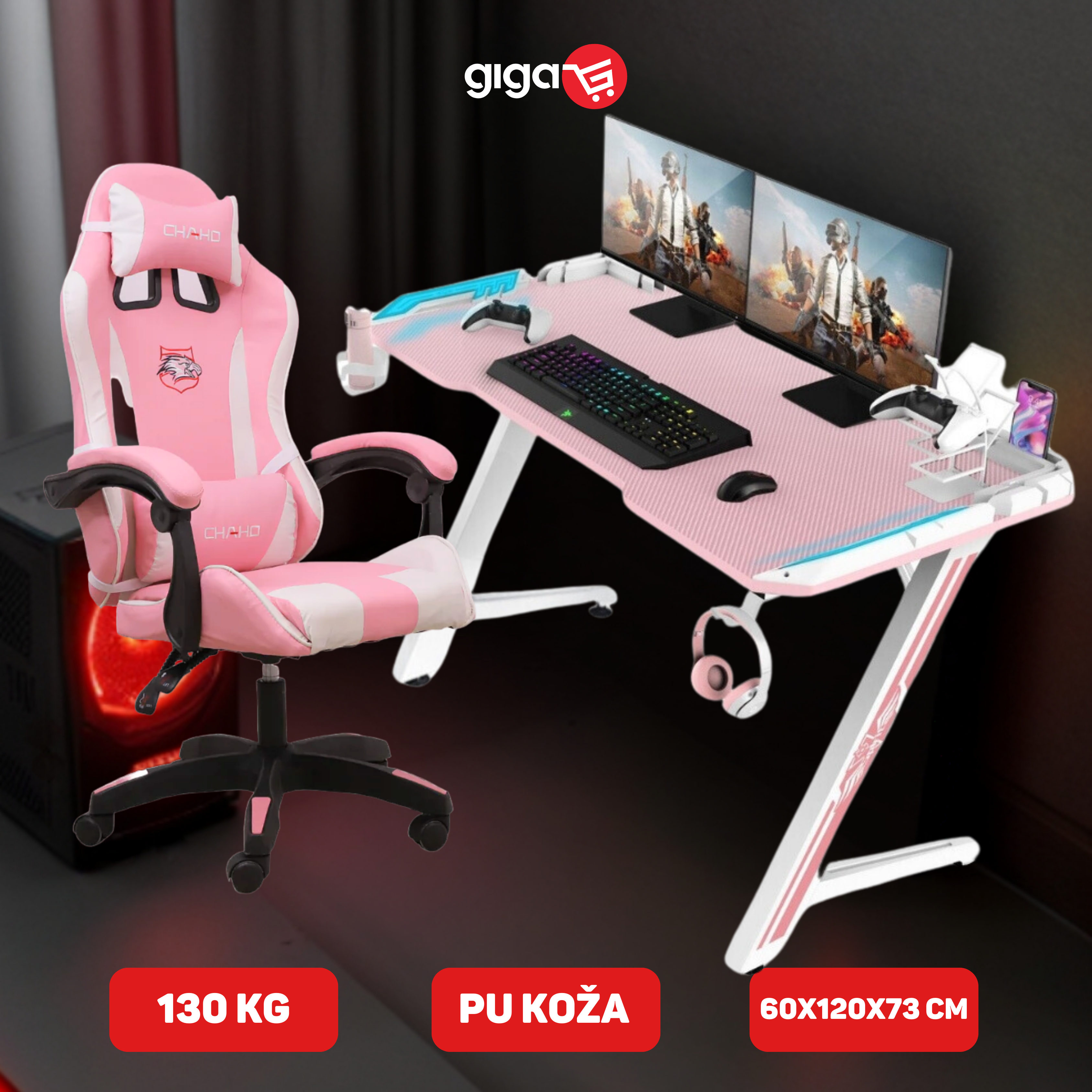 MASAŽNA CHAHO STOLICA ROZA + RGB GAMING STOL ZP-1200