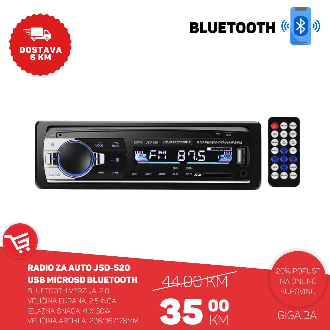 Radio za auto JSD-520 USB MicroSD Bluetooth