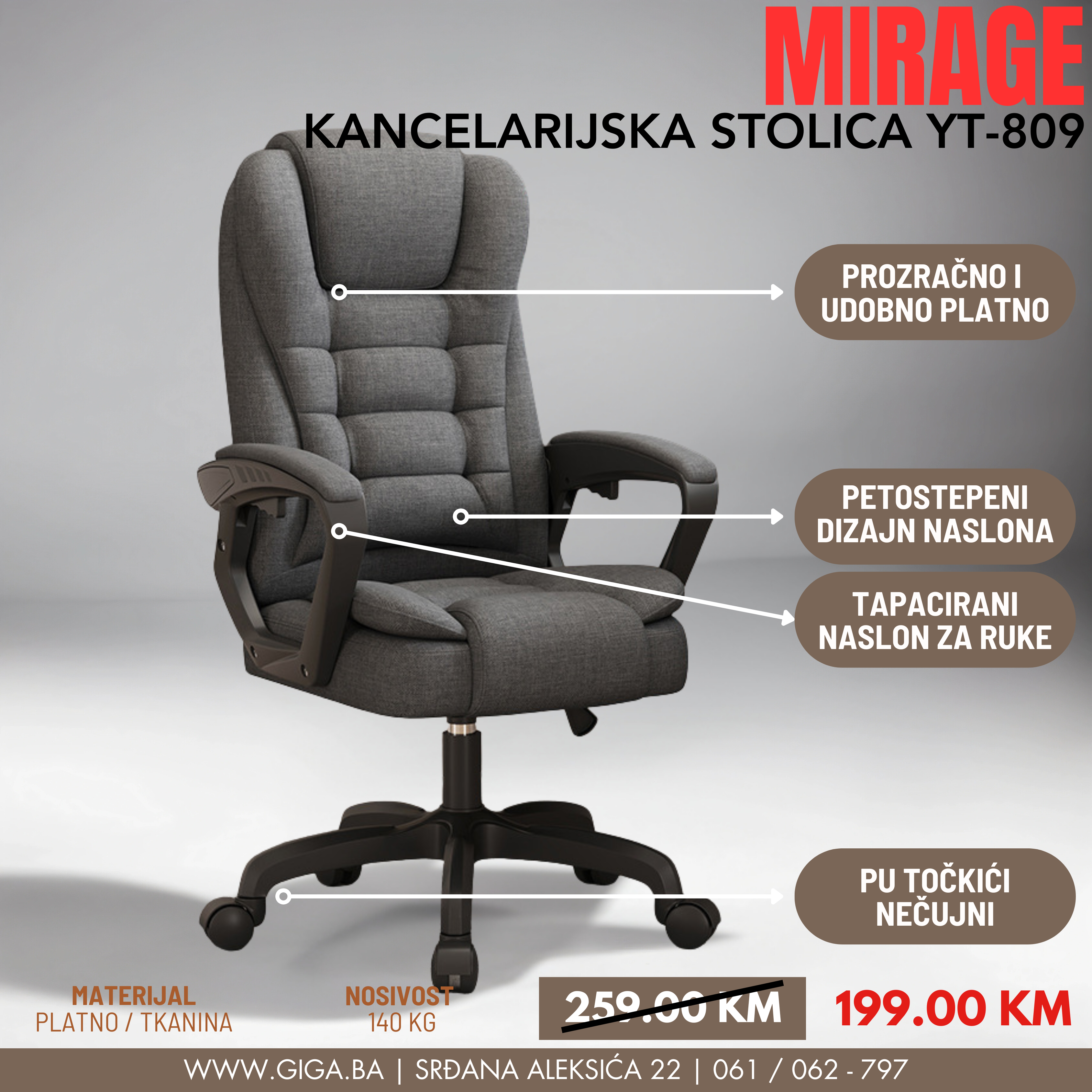 MIRAGE KANCEALRIJSKA STOLICA YT-809 SIVA PLATNO