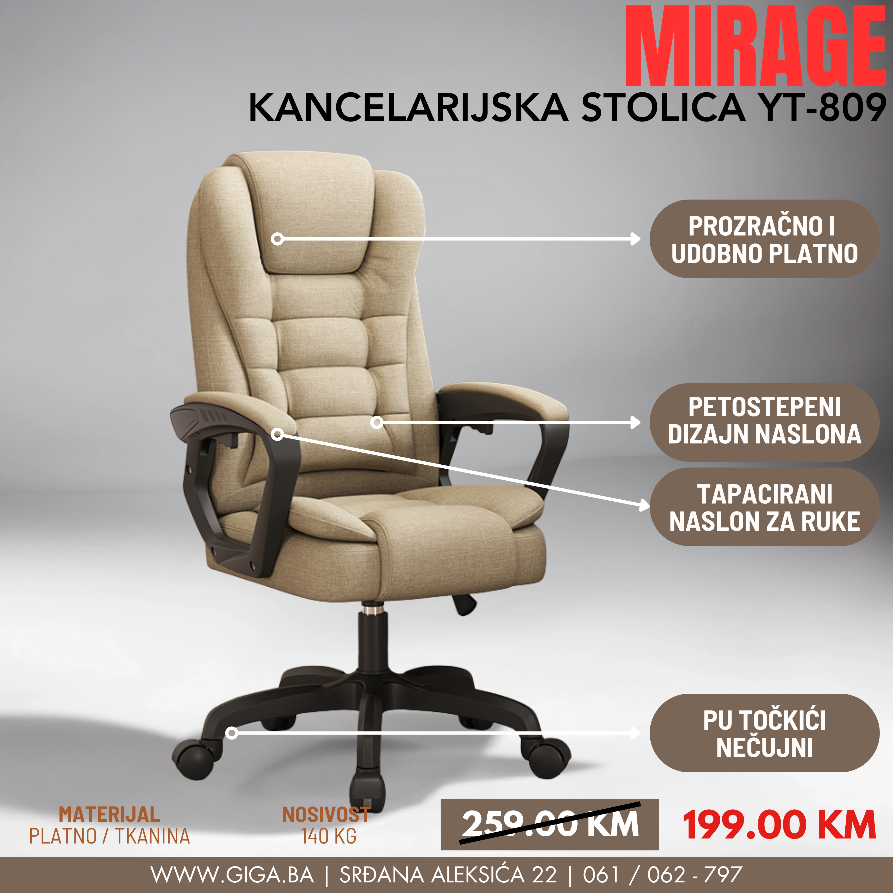 MIRAGE KANCEALRIJSKA STOLICA YT-809 KHAKI PLATN