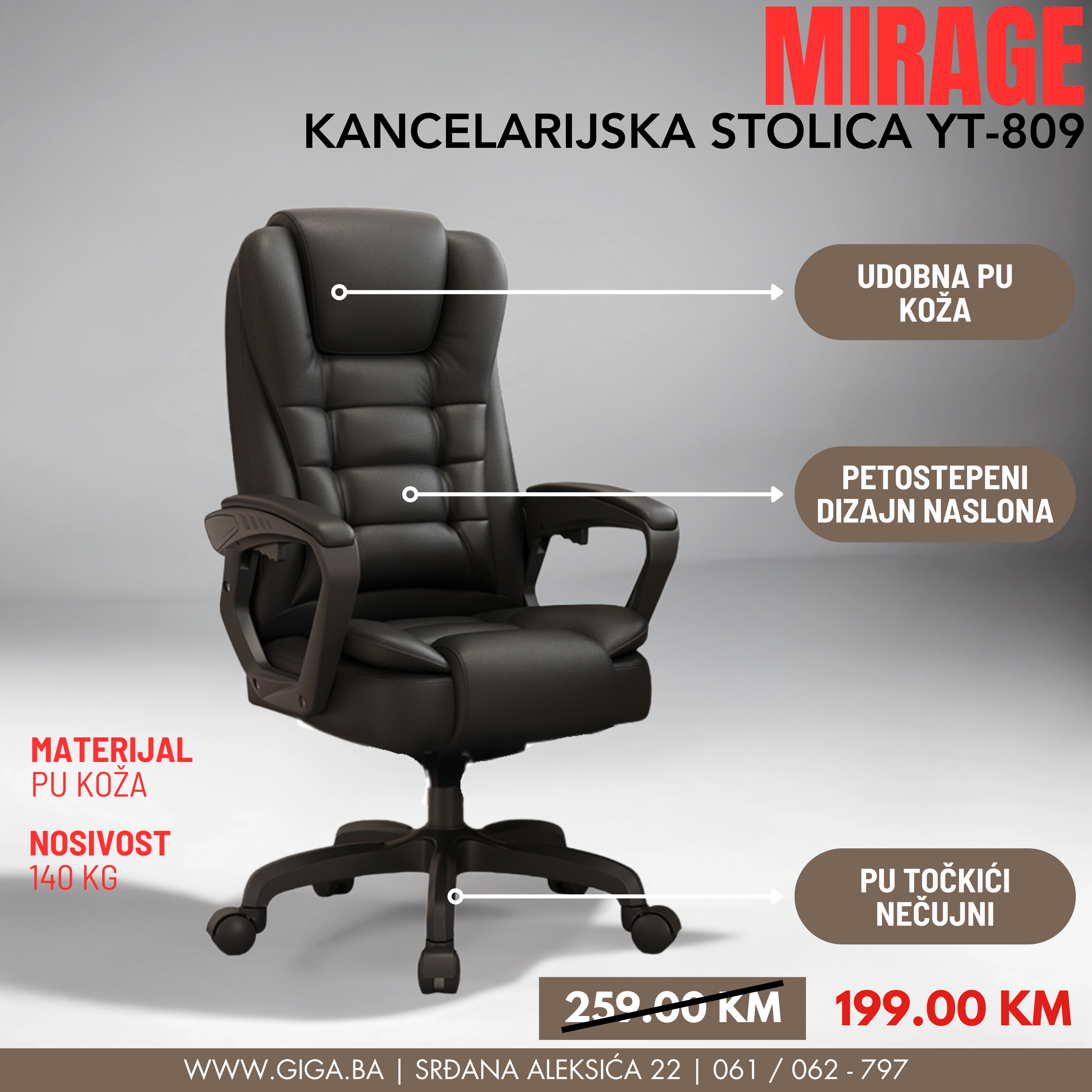 MIRAGE KANCEALRIJSKA STOLICA YT-809 CRNA PU