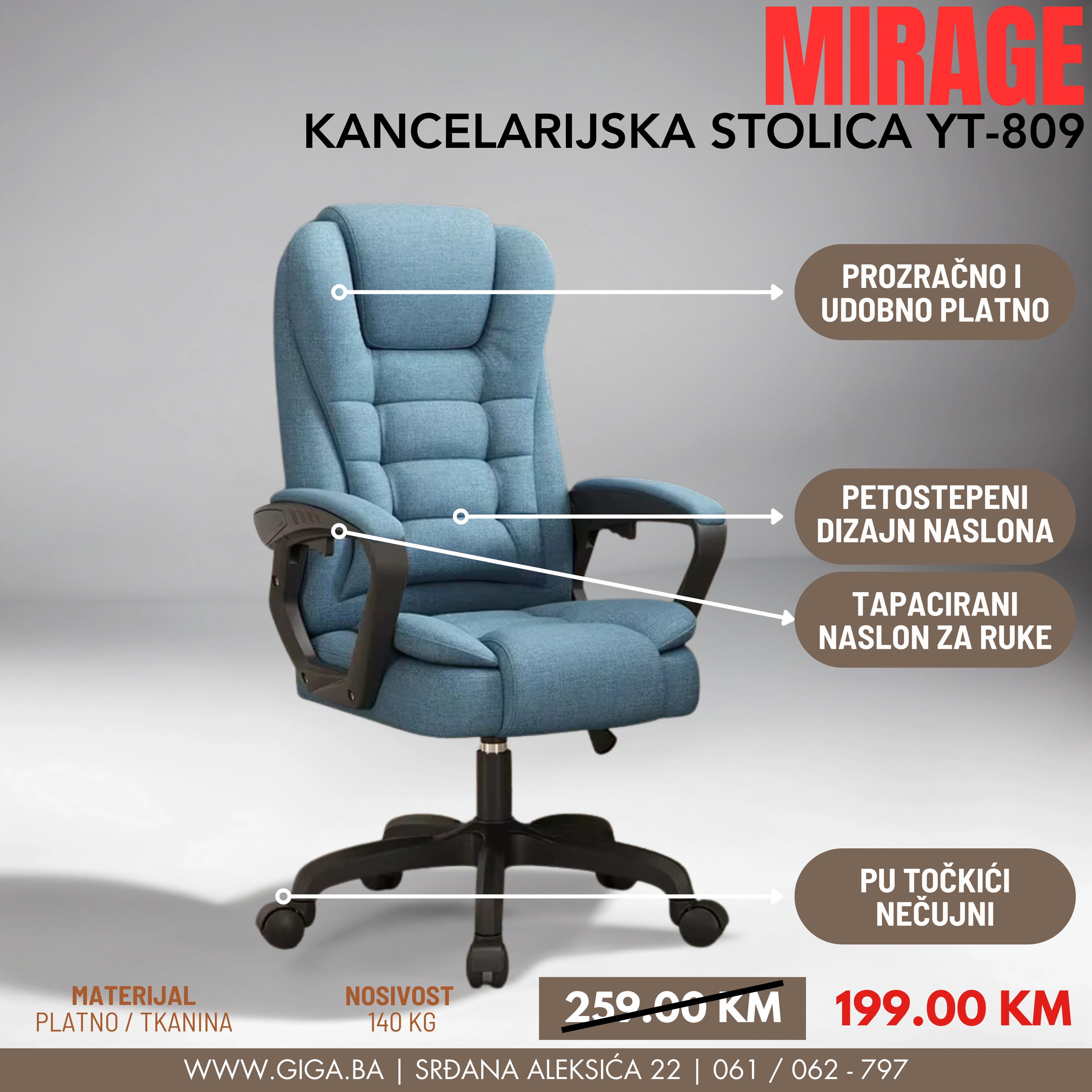 MIRAGE KANCEALRIJSKA STOLICA YT-809 PLAVA PLATN