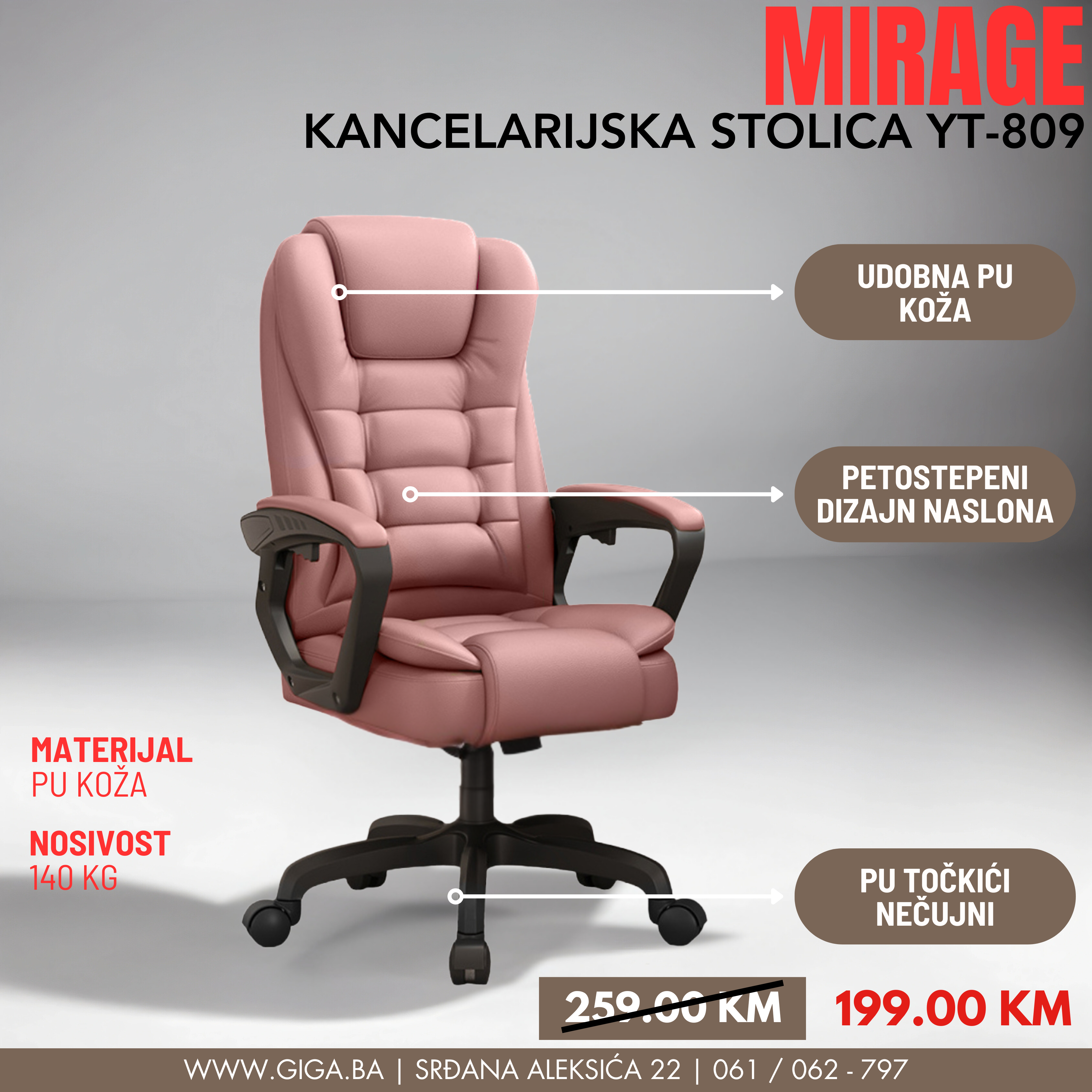 MIRAGE KANCEALRIJSKA STOLICA YT-809 ROZA PU