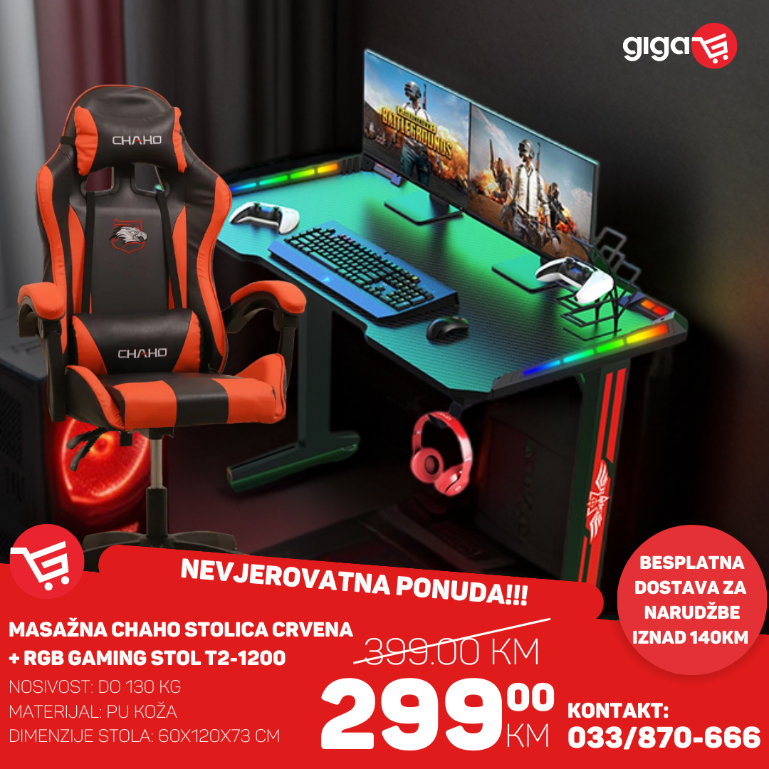 MASAŽNA CHAHO STOLICA CRVENA + RGB GAMING STOL T2-1200