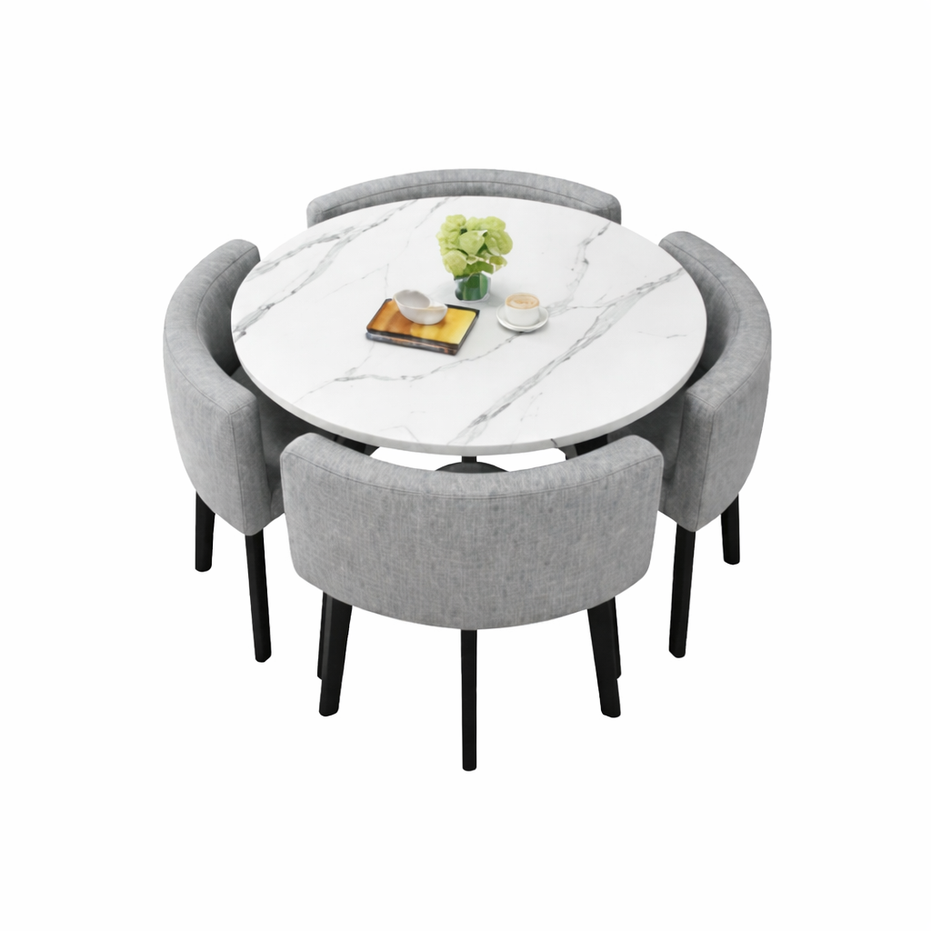 VLADI SET 4X SVJETLO SIVA STOLICA PLATNO + BIJELI STOL