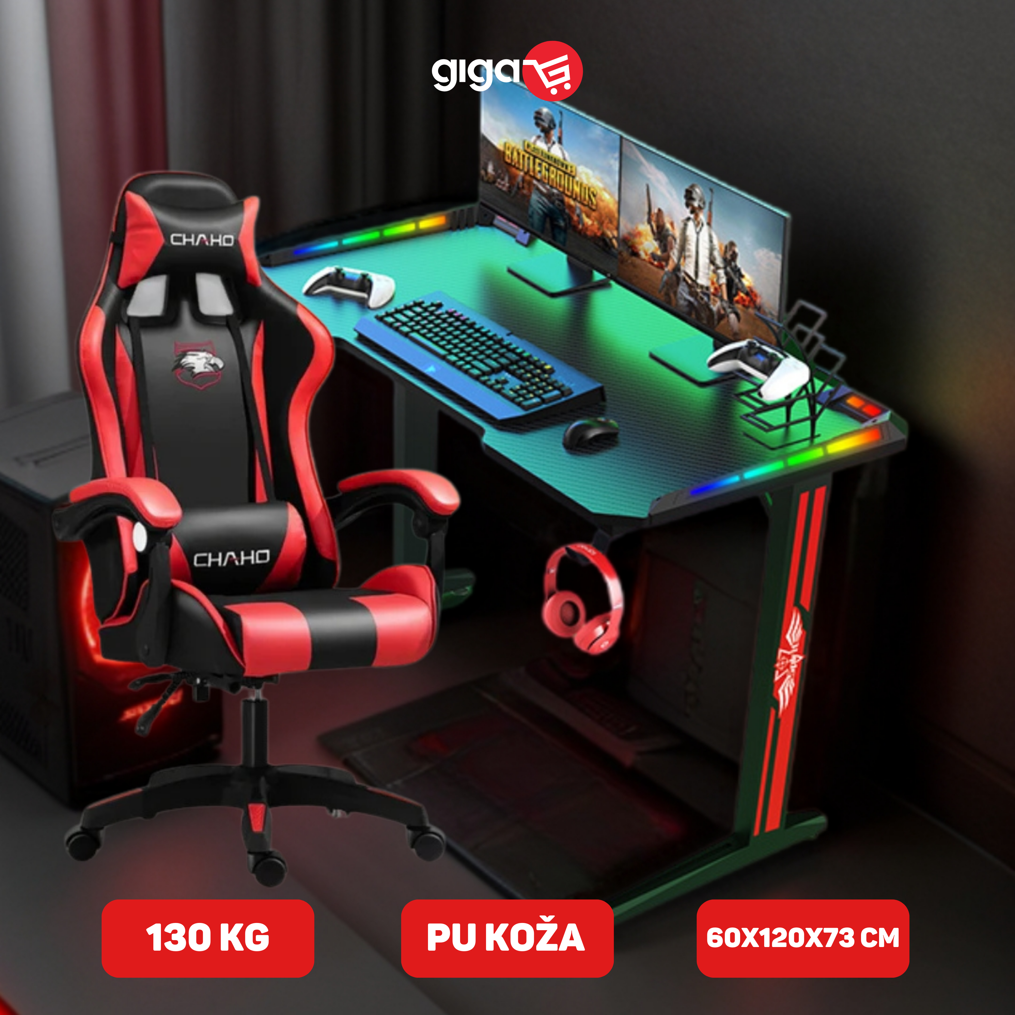 MASAŽNA CHAHO STOLICA CRVENA + RGB GAMING STOL T2-1200