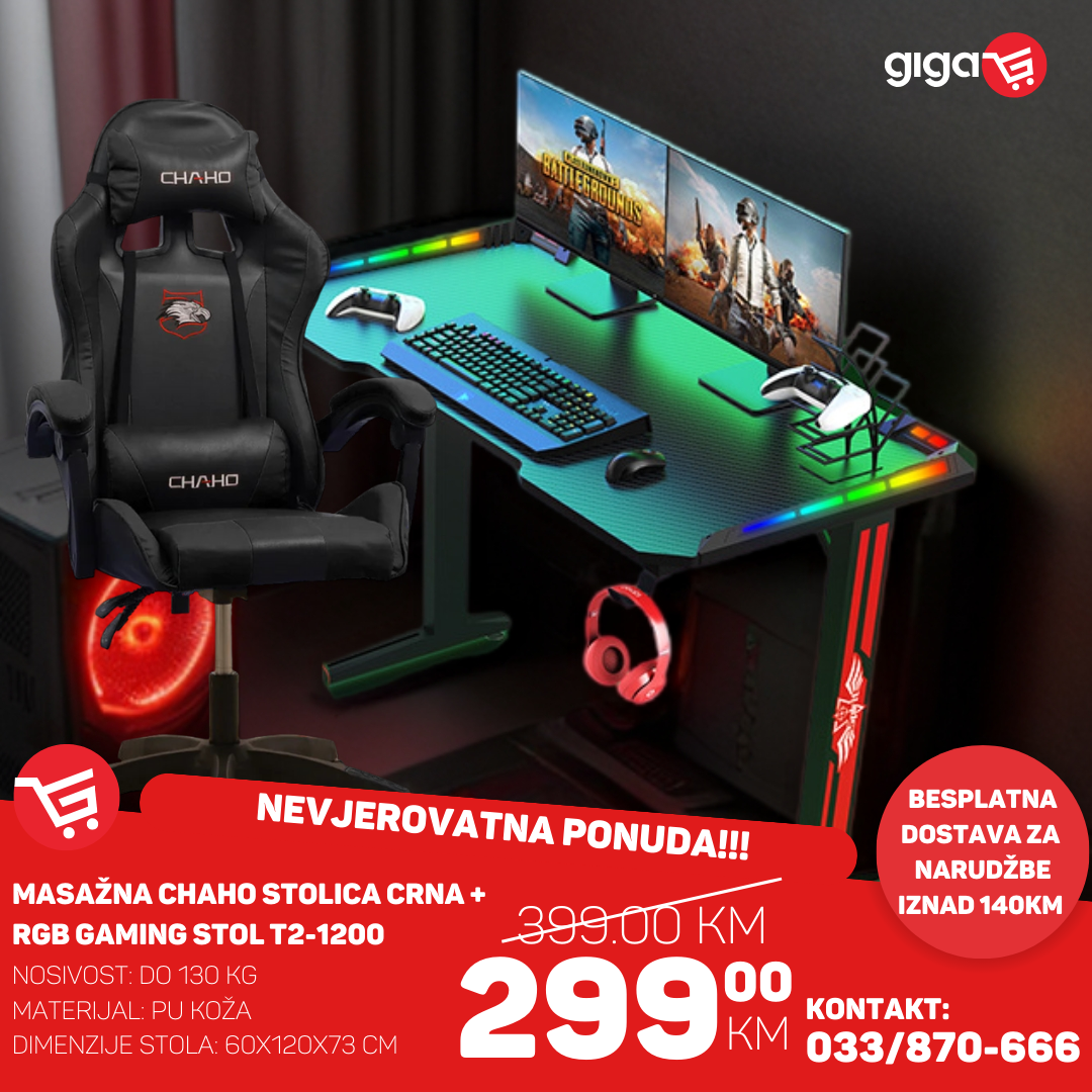 MASAŽNA CHAHO STOLICA CRNA + RGB GAMING STOL T2-1200