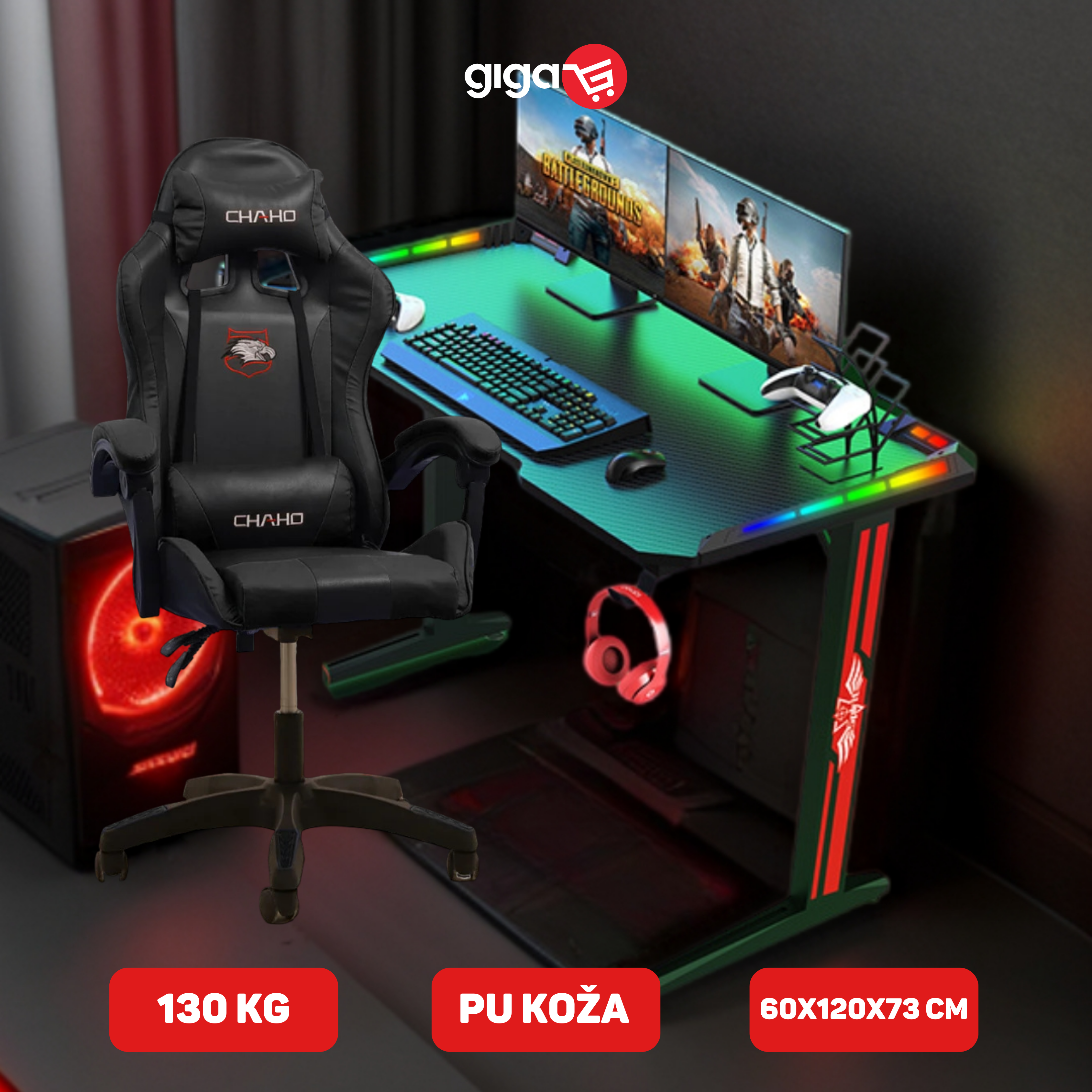 MASAŽNA CHAHO STOLICA CRNA + RGB GAMING STOL T2-1200