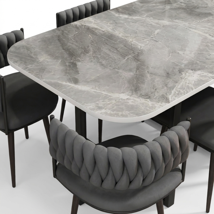 MEZZON SET 6X SIVA STOLICA PU + SIVI KAMENI STOL