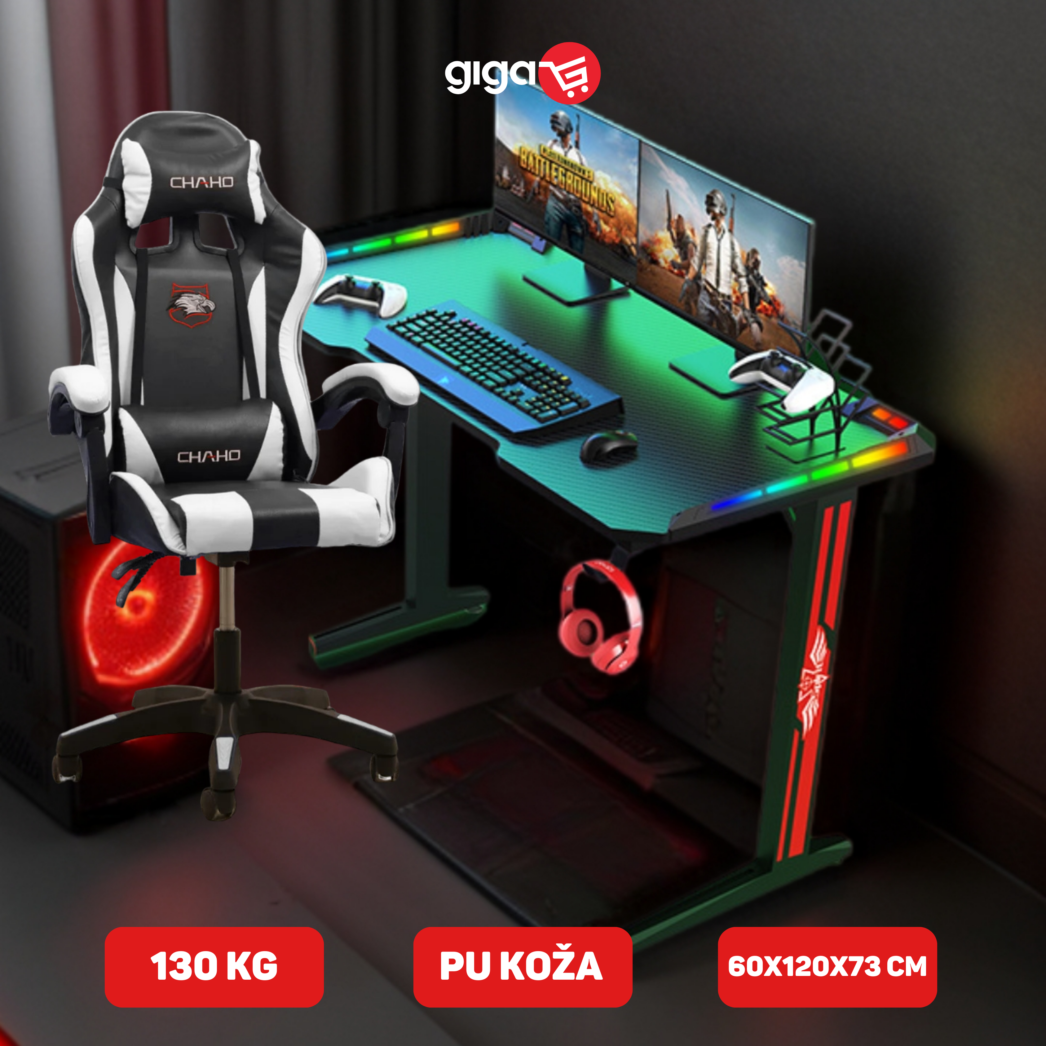 MASAŽNA CHAHO STOLICA BIJELA + RGB GAMING STOL T2-1200