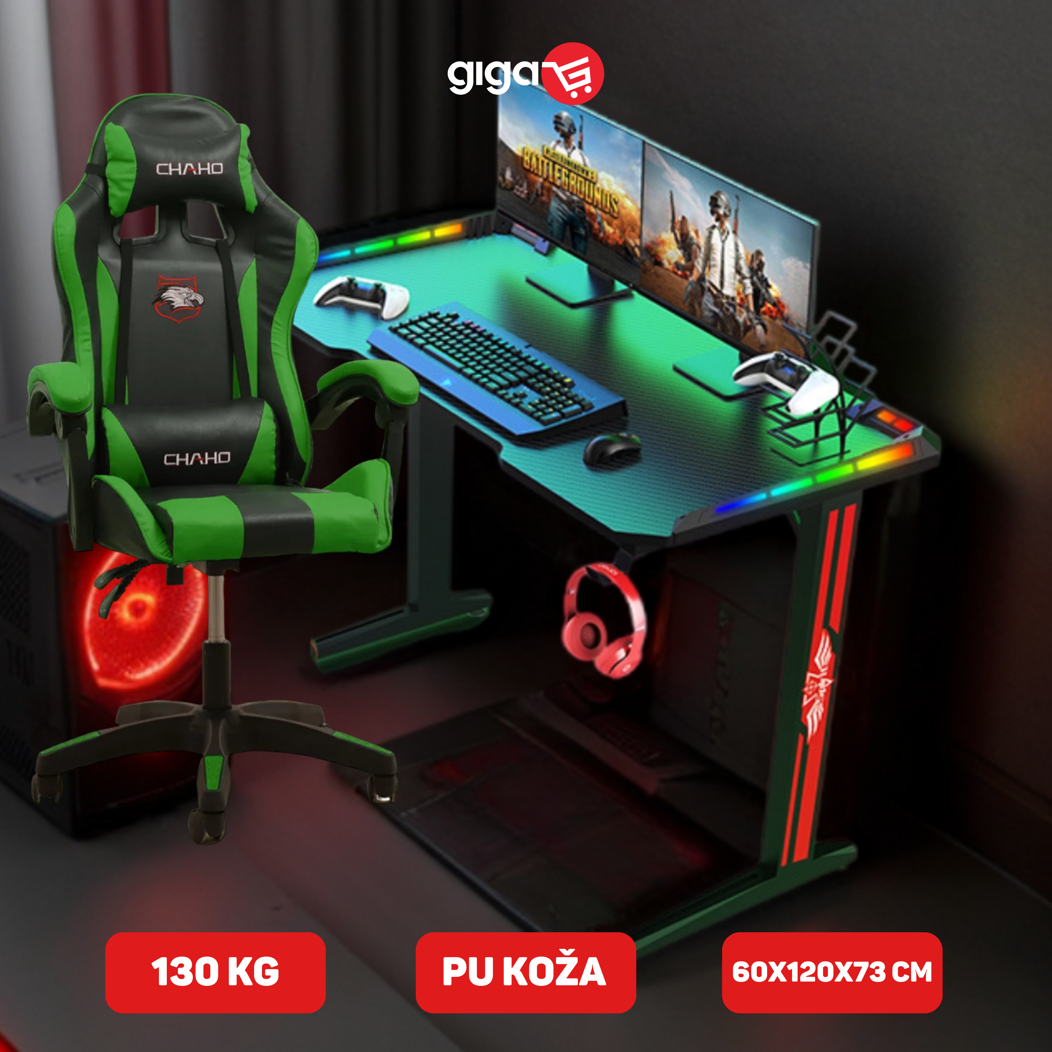 MASAŽNA CHAHO STOLICA ZELENA + RGB GAMING STOL T2-1200