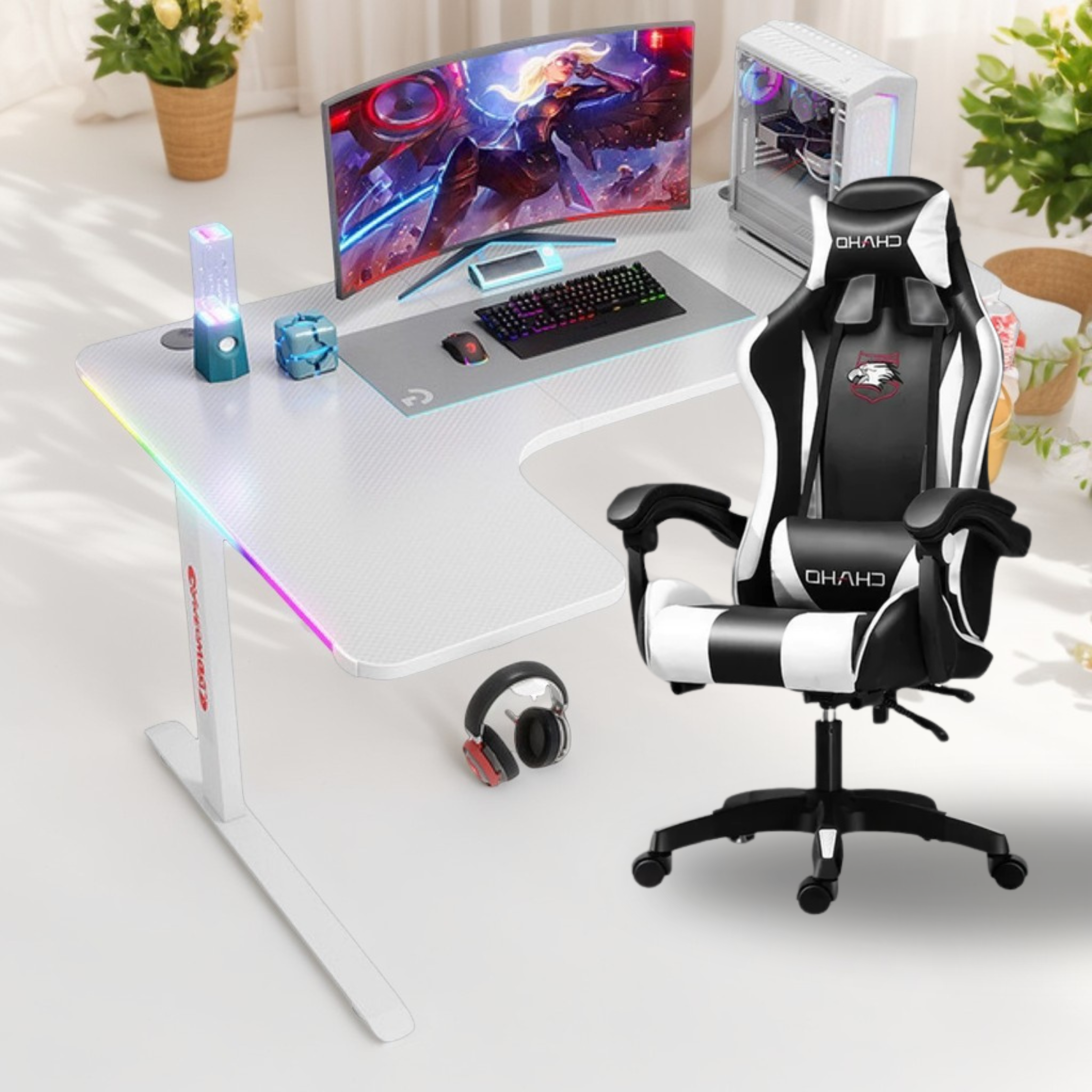 MASAŽNA CHAHO STOLICA BIJELA + BLAZE RGB GAMING STOL BIJELI LIJEVI