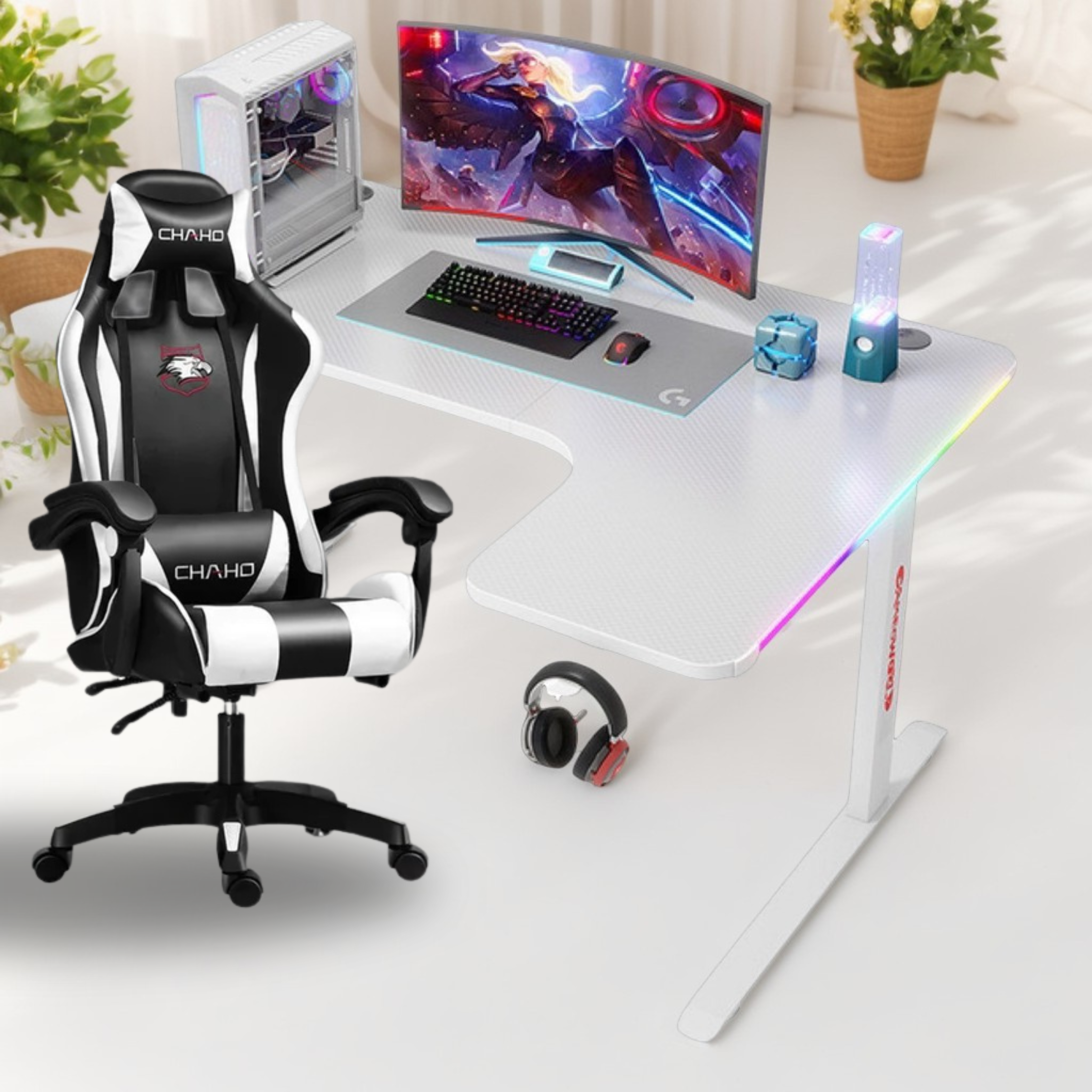 MASAŽNA CHAHO STOLICA BIJELA + BLAZE RGB GAMING STOL BIJELI DESNI