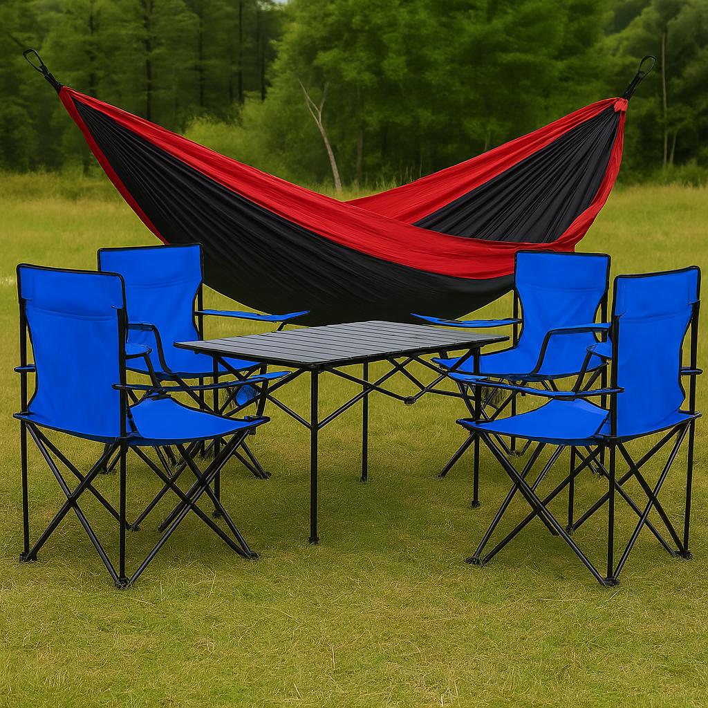 KAMPING COMBO - 4X PLAVA STOLICA + VELIKI STOL + HAMMOCK GRATIS