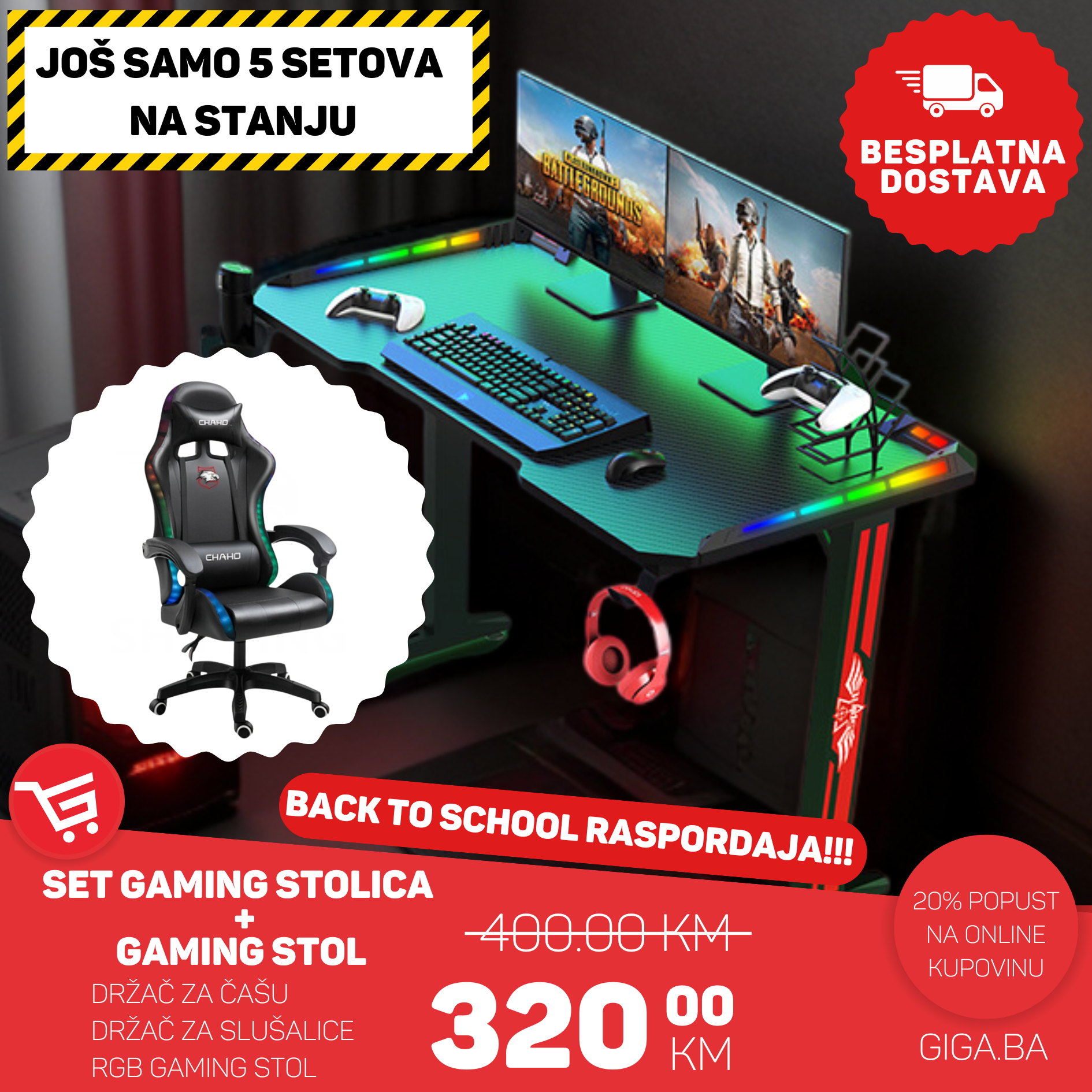 SET GAMING RGB STOLICA + GAMING RGB STOL