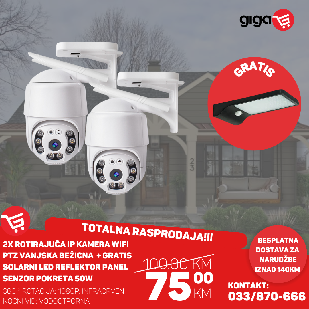 2X ROTACIONA IP PTZ WIFI KAMERA + GRATIS SOLARNI LED PANEL REFLEKTOR 50W