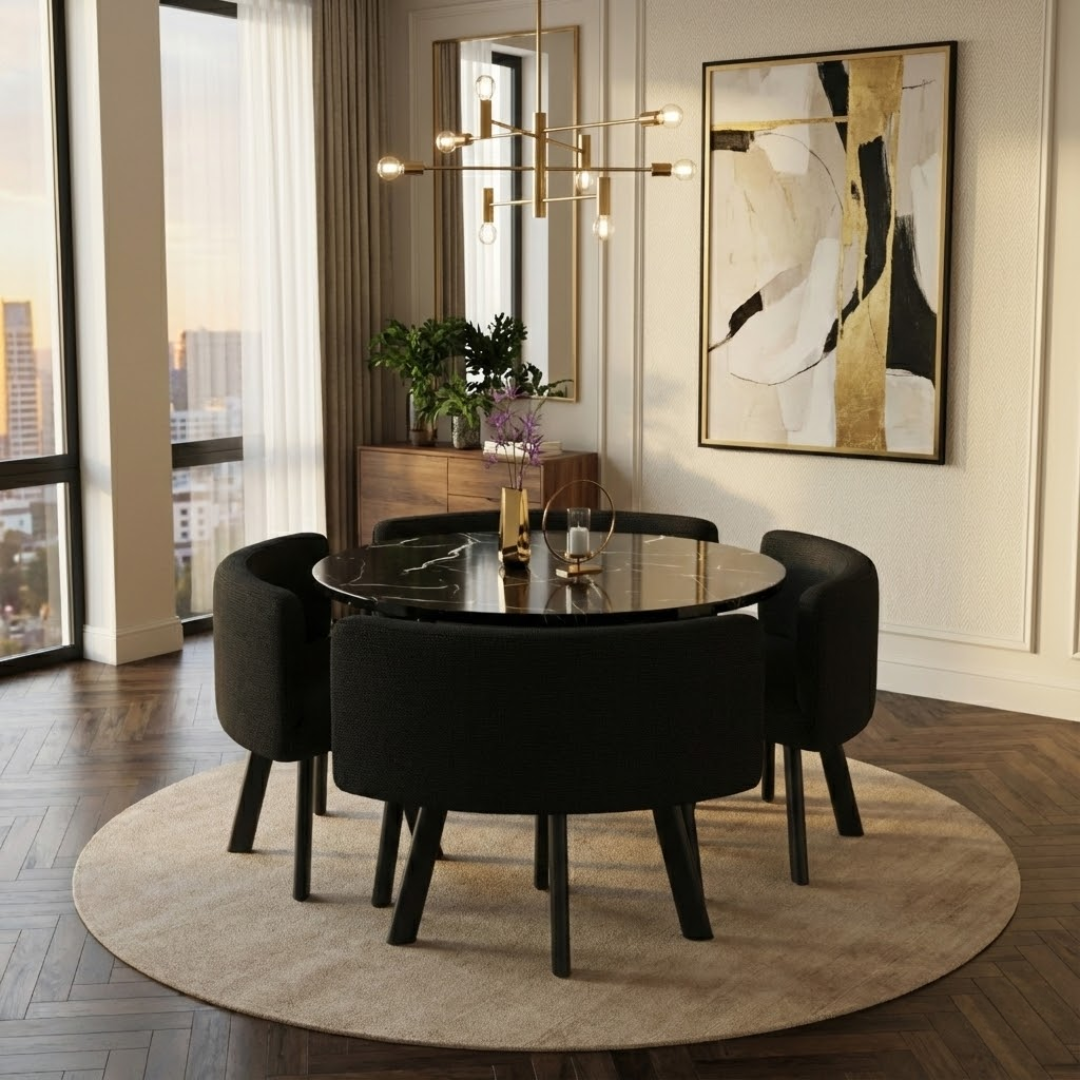 VLADI SET 4X CRNA STOLICA PLATNO + CRNI KAMENI STOL