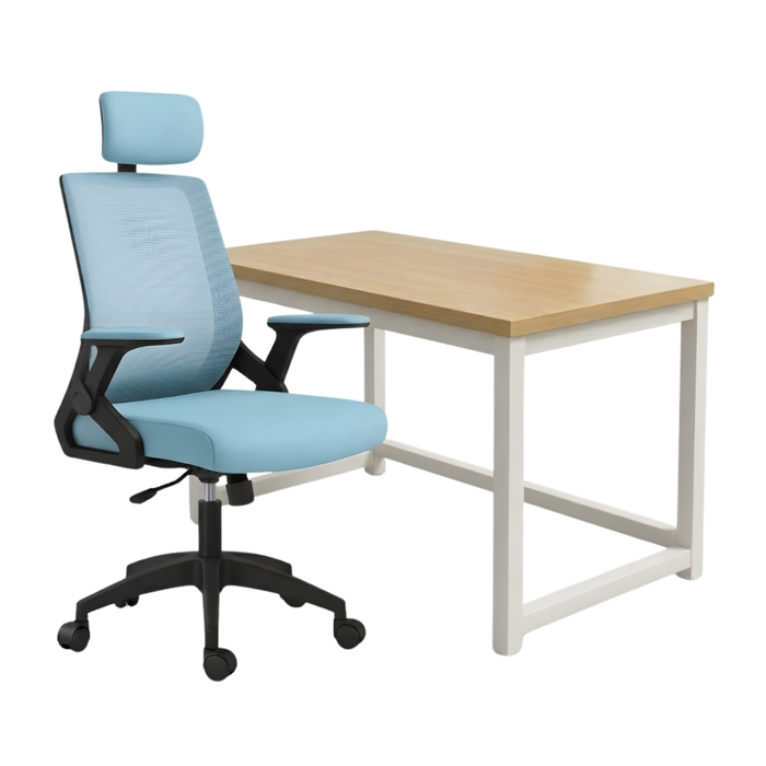 SET EOS KANCELARIJSKI RADNI STOL BIJELI + COMFORT ergonomska stolica YT-588 CRNA-PLAVA