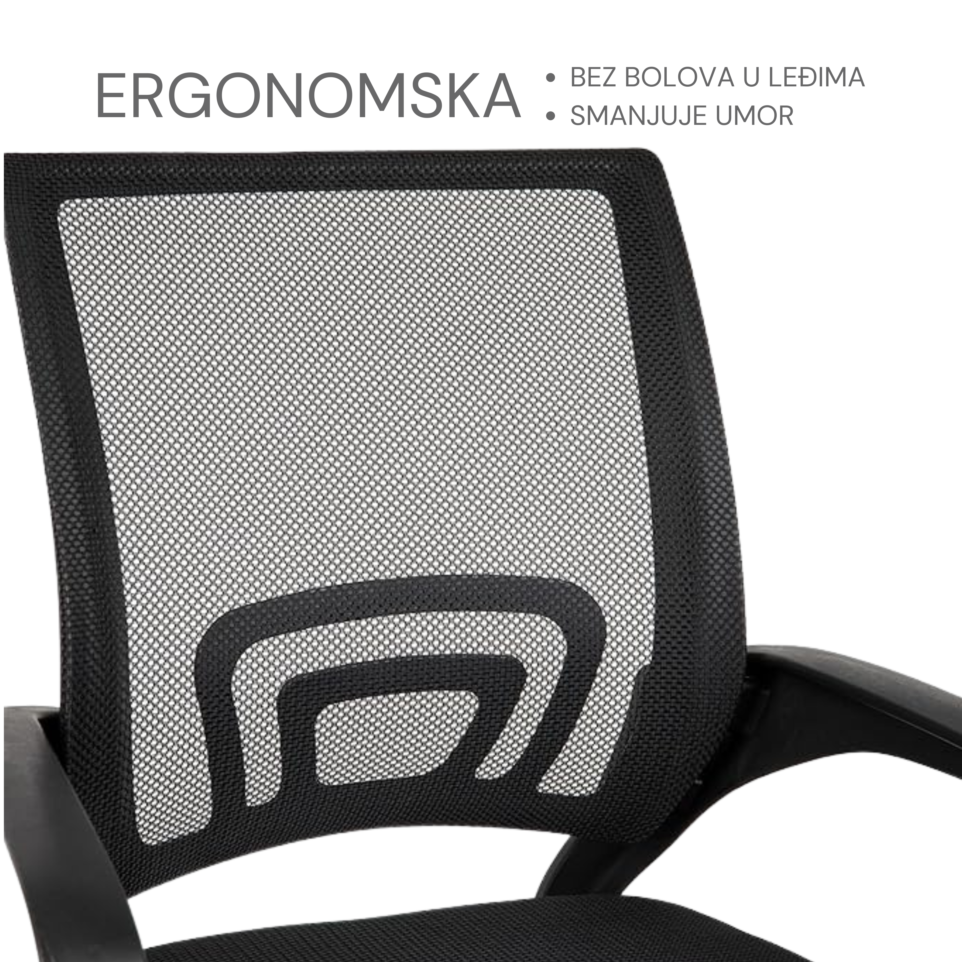 Prikaz ergonomskog mrežastog naslona Flexi kancelarijske stolice. Dizajniran za smanjenje bola u leđima i umora tokom dugotrajnog sjedenja, pruža optimalnu podršku za kičmu i poboljšava udobnost.