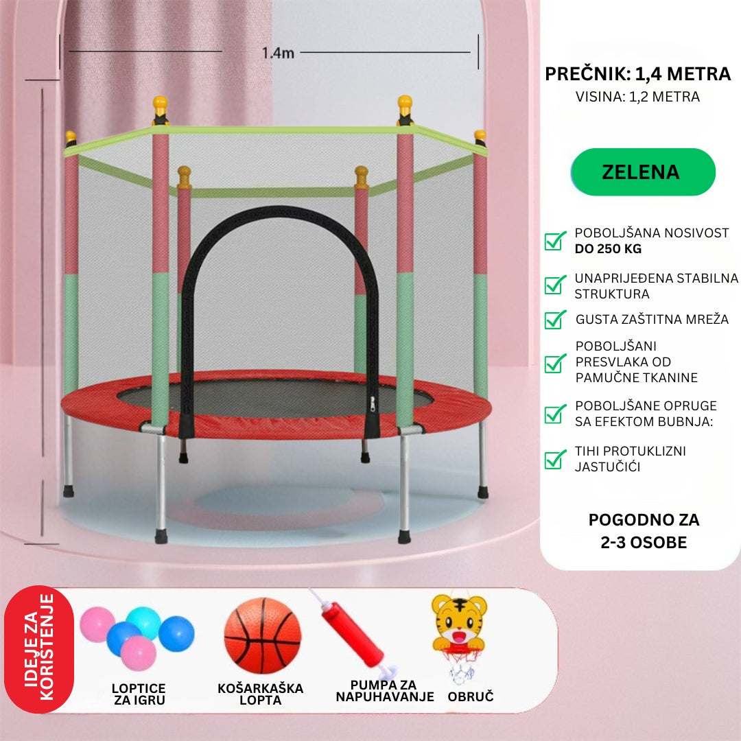 Jumper trampolina za djecu u zelenoj boji, promjera 1,4 m, sa zaštitnom mrežom, stabilnom konstrukcijom i nosivošću do 250 kg, idealan za 2-3 osobe.