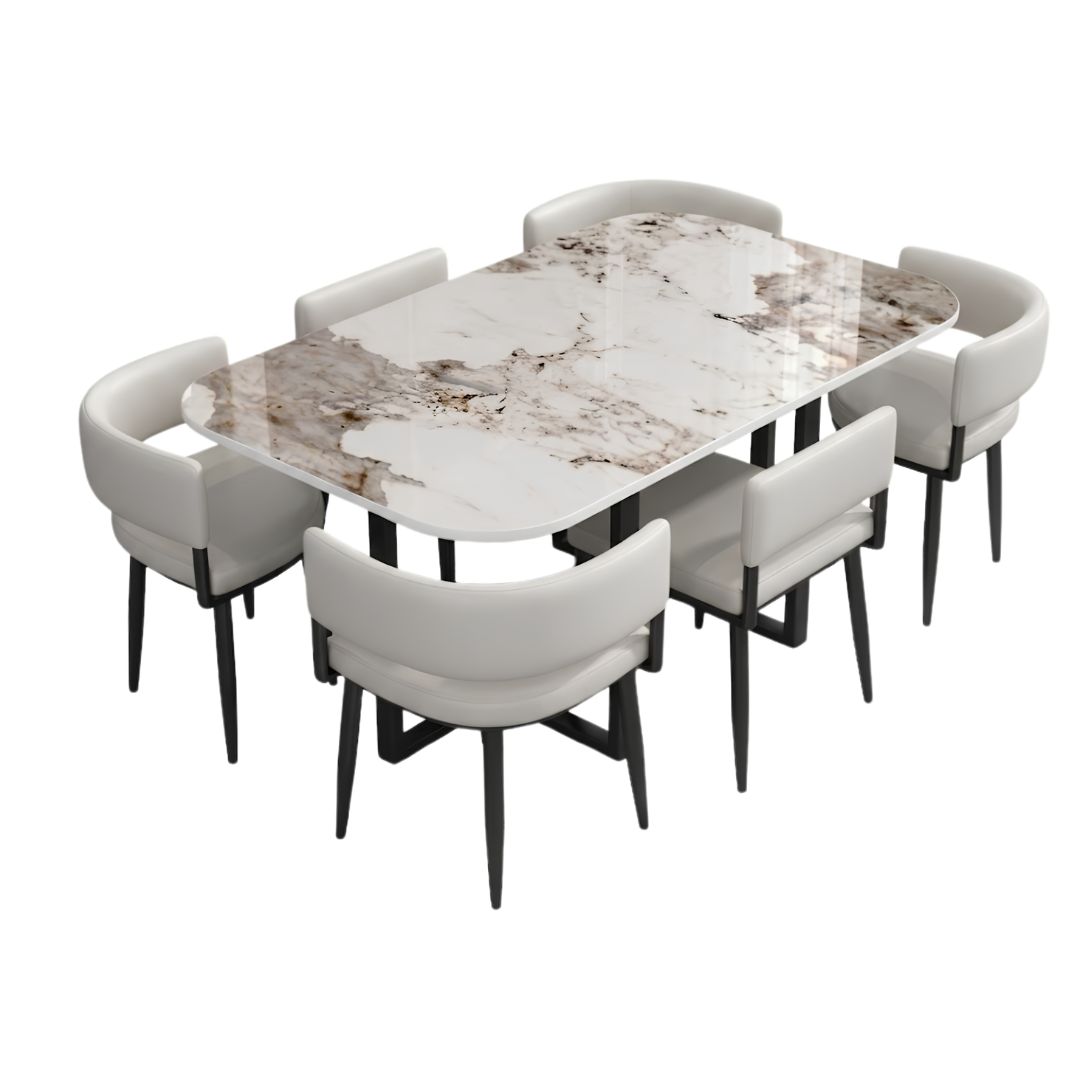 MEZZON SET 6X BIJELA STOLICA PU + BIJELI KAMENI STOL