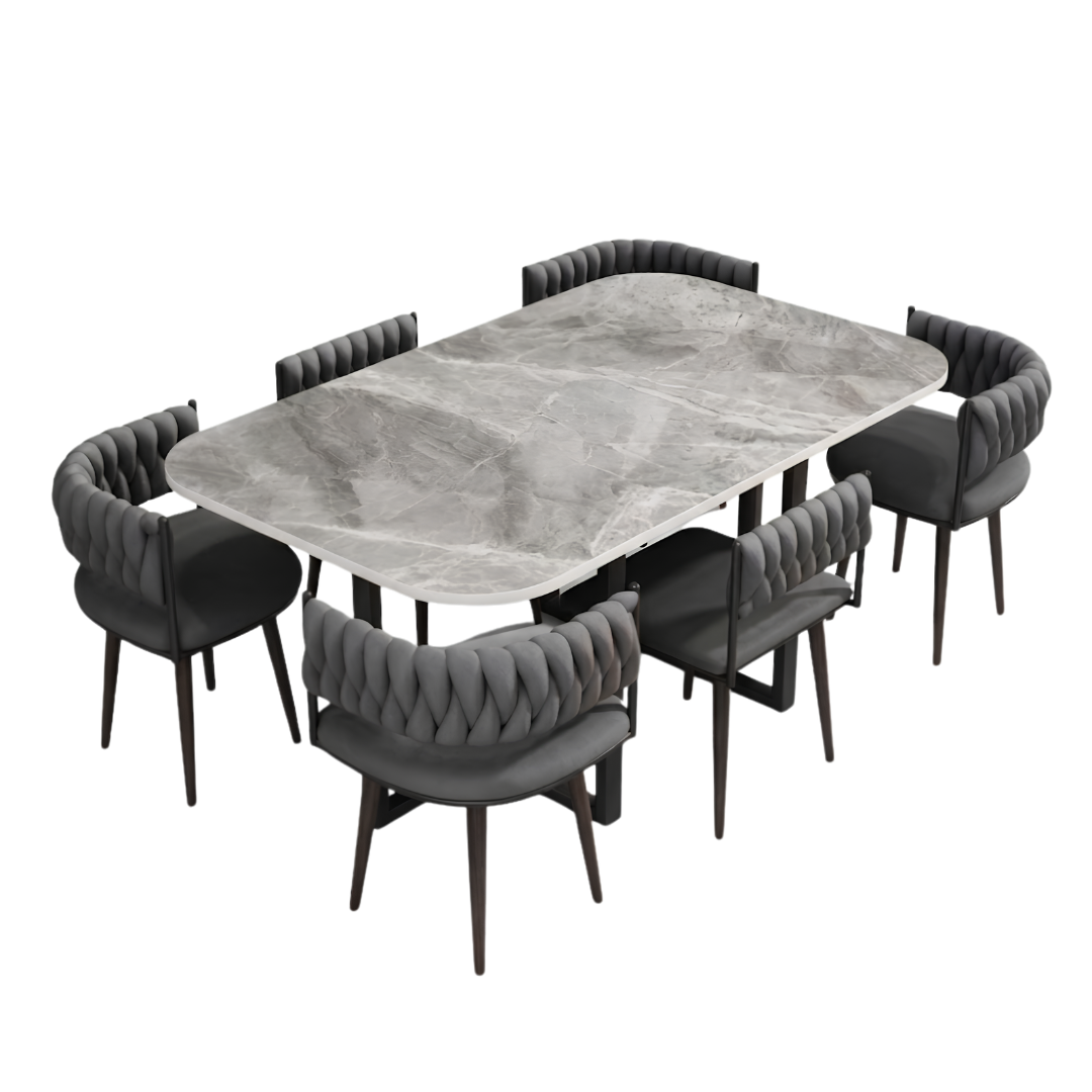 MEZZON SET 6X SIVA STOLICA PU + SIVI KAMENI STOL