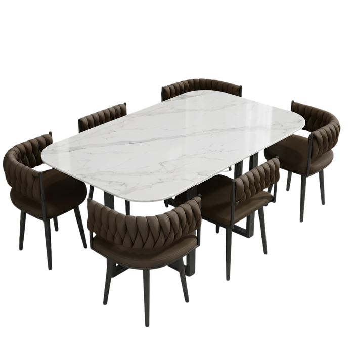 MEZZON SET 6X SMEĐA STOLICA PU + BIJELI KAMENI STOL